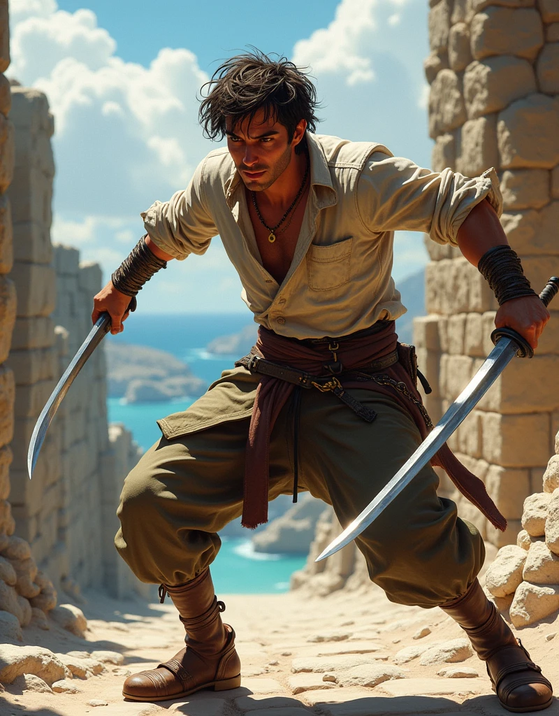 1man swashbuckler fantasy duelist rogue medieval rapier noarmor mediteranean raggedclothes dualwielding dagger sardonicsmile