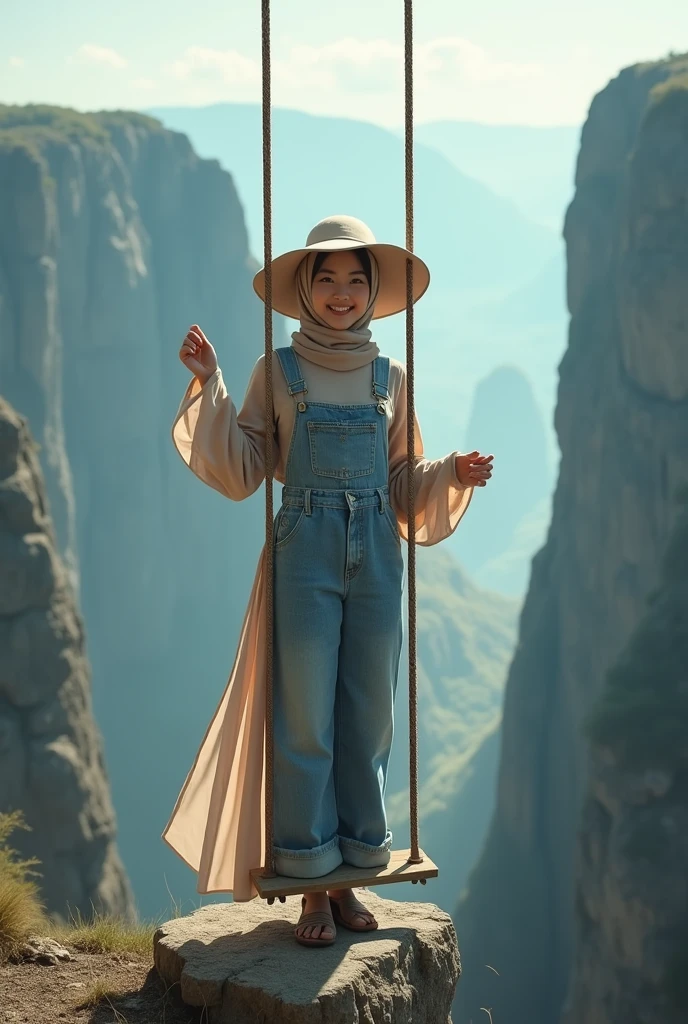 A asian woman with long hijab flowing wearing long overall jeans calm, wearing large hat, playing on a swing on the edge of a scary cliff, face Smilling looking at the camera