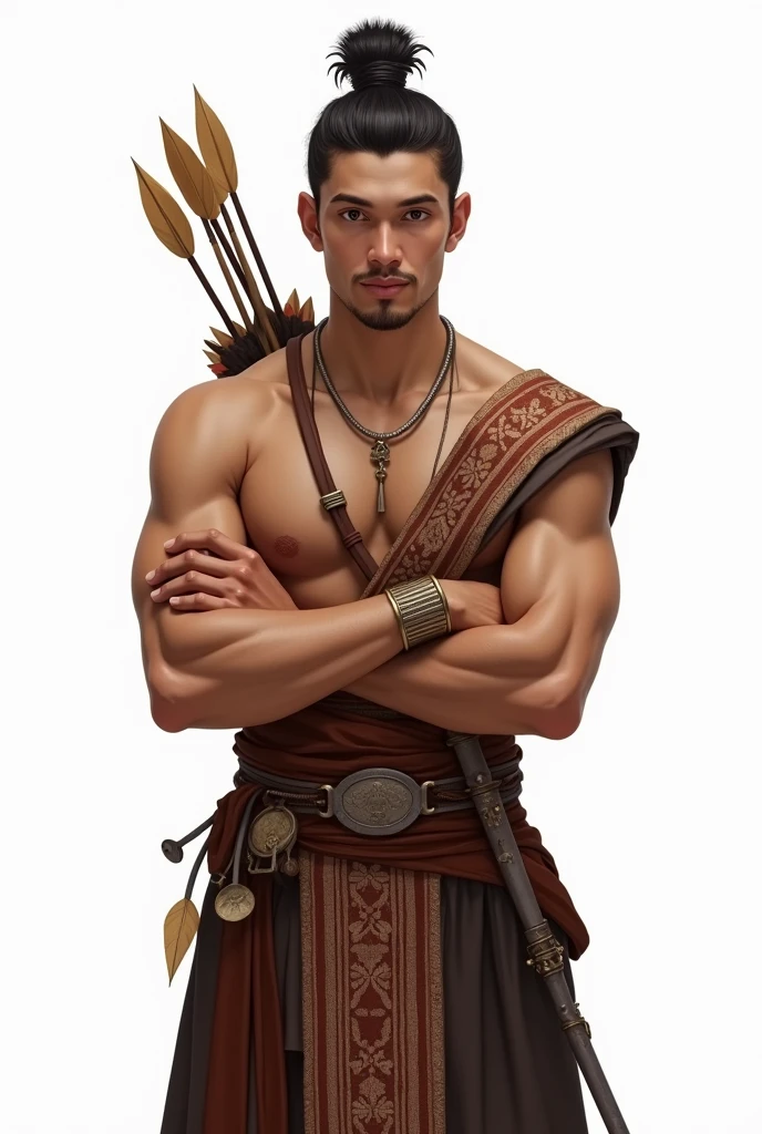 Draw me a picture,a bare-chested man,He wears a belt and typical Javanese clothing such as batik cloth and a shawl with a keris tucked into his belt.,she was not wearing any jewelry except a small necklace,he also wears shorts,her hair is tied in a bun,and he wears a quiver of arrows on his back, his body is slim and not muscular but looks handsome,it is pure white,his face has no moustache or beard,he smiled a little,he faces forward with his arms crossed