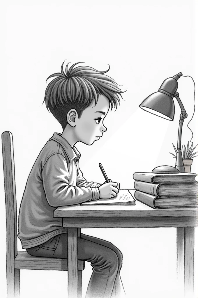 Side view drawing of a boy sitting at a desk studying