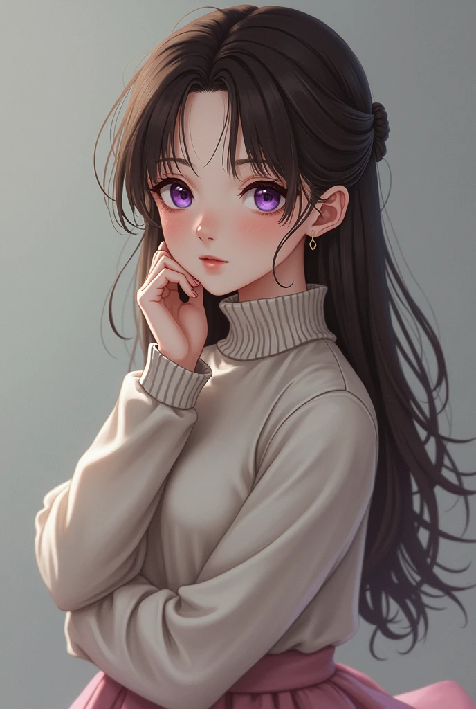 Beautiful young woman with an innocent face,great shyness in their fractions,long brown hair held back with a rubber band. violet eyes,shy exoresion. Wear a simple long-sleeved turtleneck sweater,covers his entire body, long skirt that covers her legs.