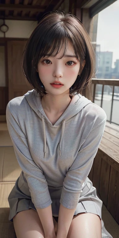 (masterpiece:1.5), (8k, Realistic, RAW Photos, Best image quality: 1.4), Japanese Idols、Highly detailed face、Attention to detail、Genuine、 double eyelid、Big and attractive eyes, Sharp focus:1.2、Beautiful woman:1.5、Light brown hair、 Highest quality、masterpiece、Ultra-high resolution、Perfect Shadow、(Realistic:1.4)、Highly detailed and professional lighting、Downtown Japan、Bobcut、Perfect shape、Symmetrical face、beautiful girl,Sharp focus, Perfect Anatomy,Written boundary depth、 View your audience、Light grey oversized hoodie、Black Mini Skirt、Detailed fingers、Correct finger、Correct limbs、Correct limbs、Watery eyes、Glossy Lips、Erotic look, nipple slip, nsfw