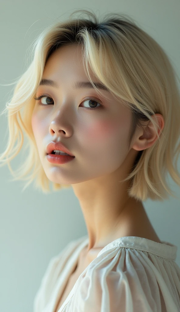 Blond gir with korean wolf haircut, short hair, 8k, highly detailed, high quality, masterpiece, ultra detailed, vivid colors, HDR, studio lighting, physically-based rendering,Open Mouth, 