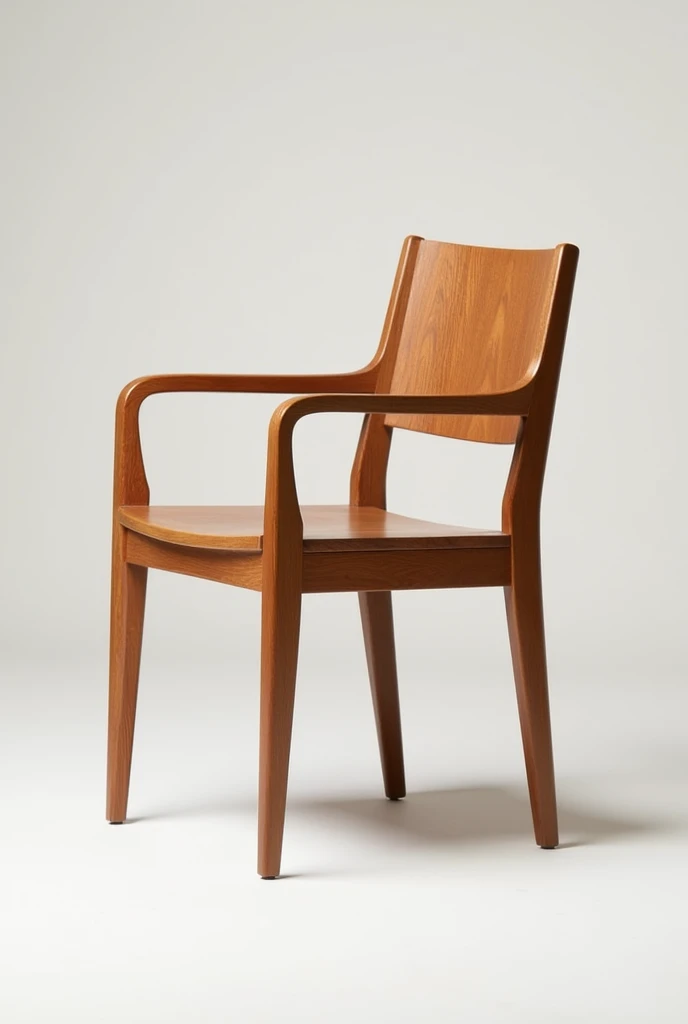 The chair will be made of brown pine wood., ideal for interiors, with a comfortable and ergonomic design. The rear legs will have a greater angle for more stability., and the front ones will maintain a uniform inclination. The backrest will be high for better back support., and will have integrated armrests, adding comfort. Although light, The structure will be reinforced to support weight, and its height will be suitable for raised tables. This chair combines elegance and functionality