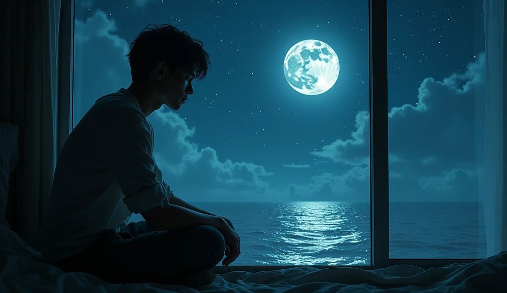 A person sitting by a window, gazing at a moonlit night with swirling reflections of dreams and illusions in the glass. The scene should convey a sense of emotional turbulence with a blend of surreal and real elements, creating an atmosphere of introspection. --ar 16:9