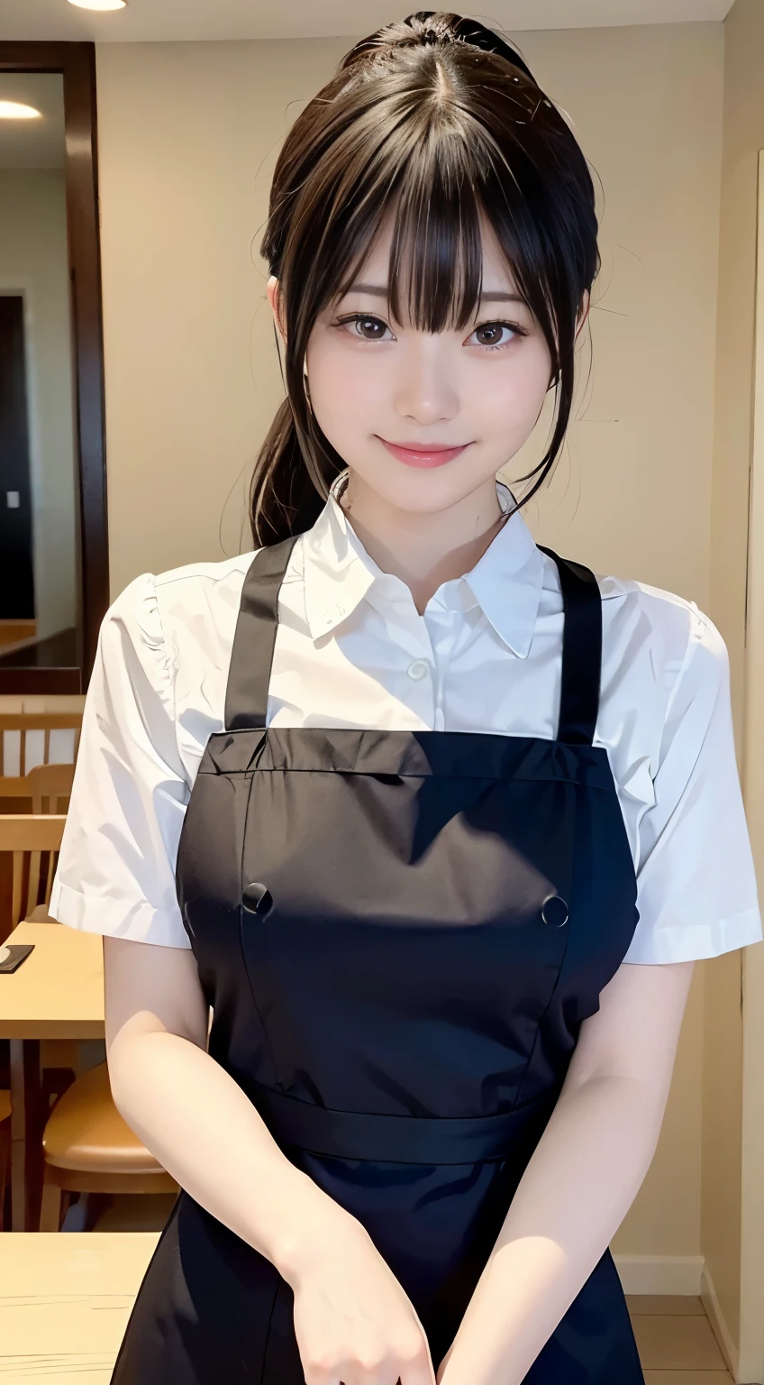 (Highest quality,masterpiece:1.3,Ultra-high resolution,),(Very detailedな,Caustics),(Photorealistic:1.4,RAW shooting,)Ultra-Realistic Capture,Very detailed,High resolution 16K human skin closeup。 Natural skin texture、,Pores、、、、It must be detailed enough to be easily identifiable。 Skin tone is even and healthy looking。 Use natural light and colour,restaurant,Waitress Uniform,1 girl,Japanese,1,cute,Black-haired,ponytail,Big Breasts,smile,Turn your body forward,(Front view:1.1),Looking at the camera,Cowboy Shot,