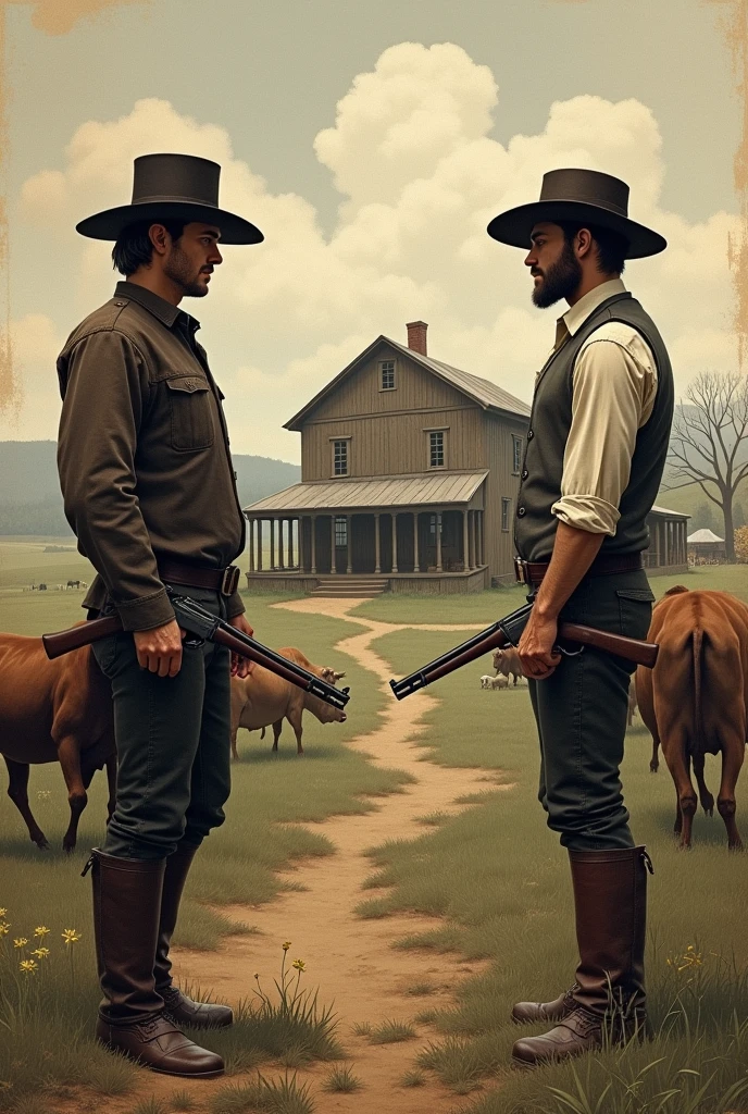 Create the front and back cover of a book with an old farm theme, that it has an 18th century appearance, In which behind is the big house with animals and in front are two men standing with guns in their hands pointing at each other