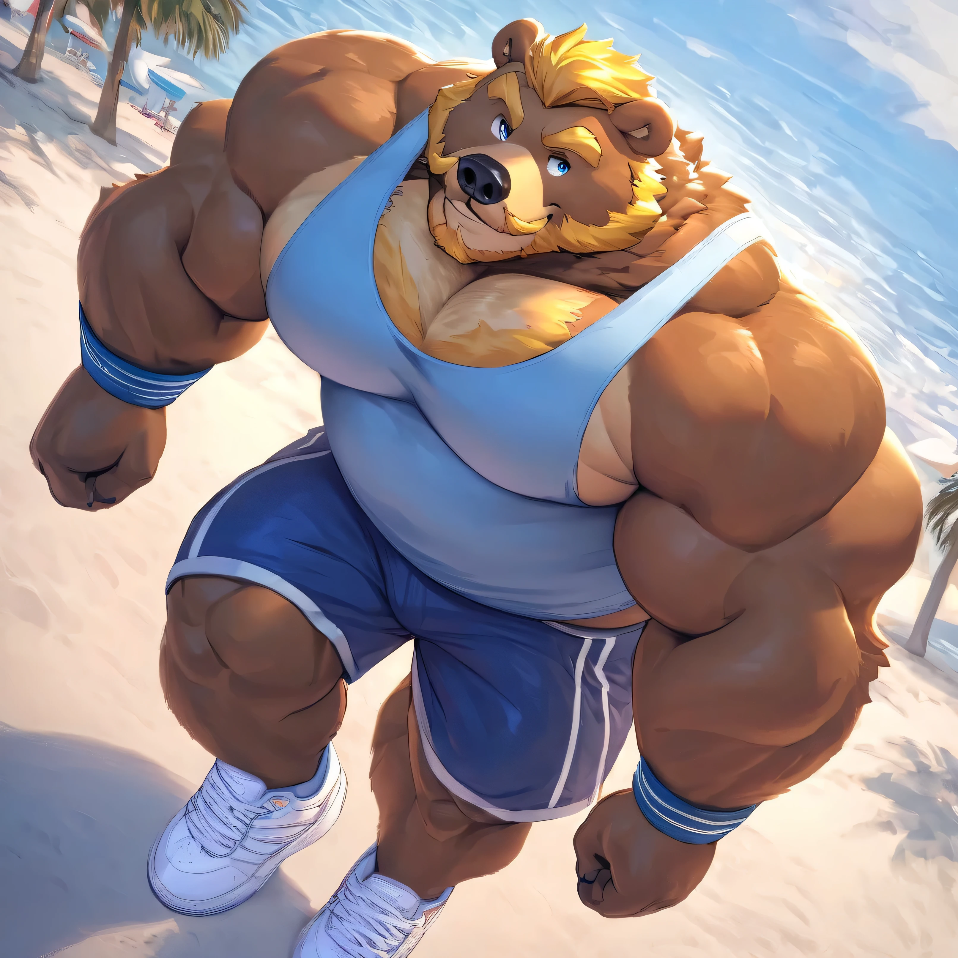 huge muscular Eurasian brown bear in St. Petersburg beach, big smirk, light Eurasian bear, huge light brown fur, thick arm, huge arm, golden mustache, short Golden hair and beard, (muscular, pectoral, wide pectoral, thick arms), 8k, masterpiece, detailed golden eyebrows, detailed eyes with blue pupils, (wearing dark blue shorts, wristbands, light blue tank top and white shoes), bouncing his pecs like a drum