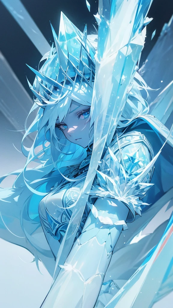 [Ice warrior, (Crystalline skin:1.5), No humans, icy armor, frozen blue hair, Ice shards scattered around, Her hair is also covered in frost, Beautiful cold eyes, (Intricate frost details:1.3), (Highly detailed face and armor:1.2), slim figure, frozen tundra, arctic combat, anime, fantasy, (Highly detailed), (high resolution), (Best quality), (masterpiece)]
