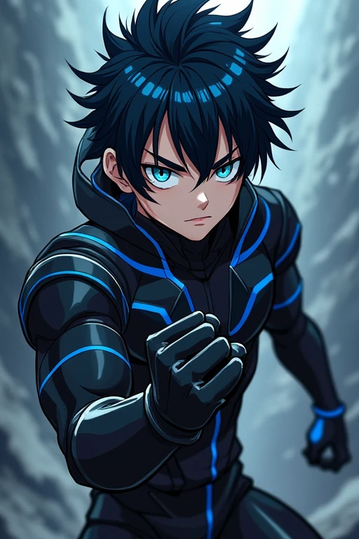 Eyes with black sclera and blue iris, Cao Cao, hair with a black low pompadour, with a black superhero uniform with blue line details, with black gauntlets on both hands and in a fighting pose, アニメ