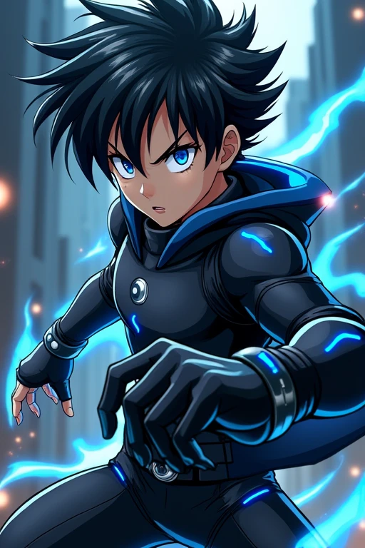 Eyes with black sclera and blue iris, Cao Cao, hair with a black low pompadour, with a black superhero uniform with blue line details, with black gauntlets on both hands and in a fighting pose, アニメ