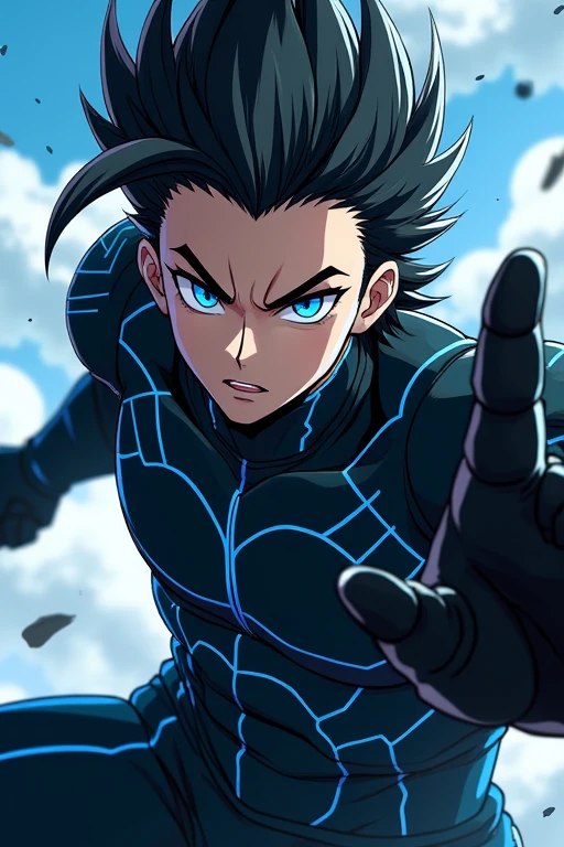 Eyes with black sclera and blue iris, Cao Cao, hair with a black low pompadour, with a black superhero uniform with blue line details, with black gauntlets on both hands and in a fighting pose, アニメ