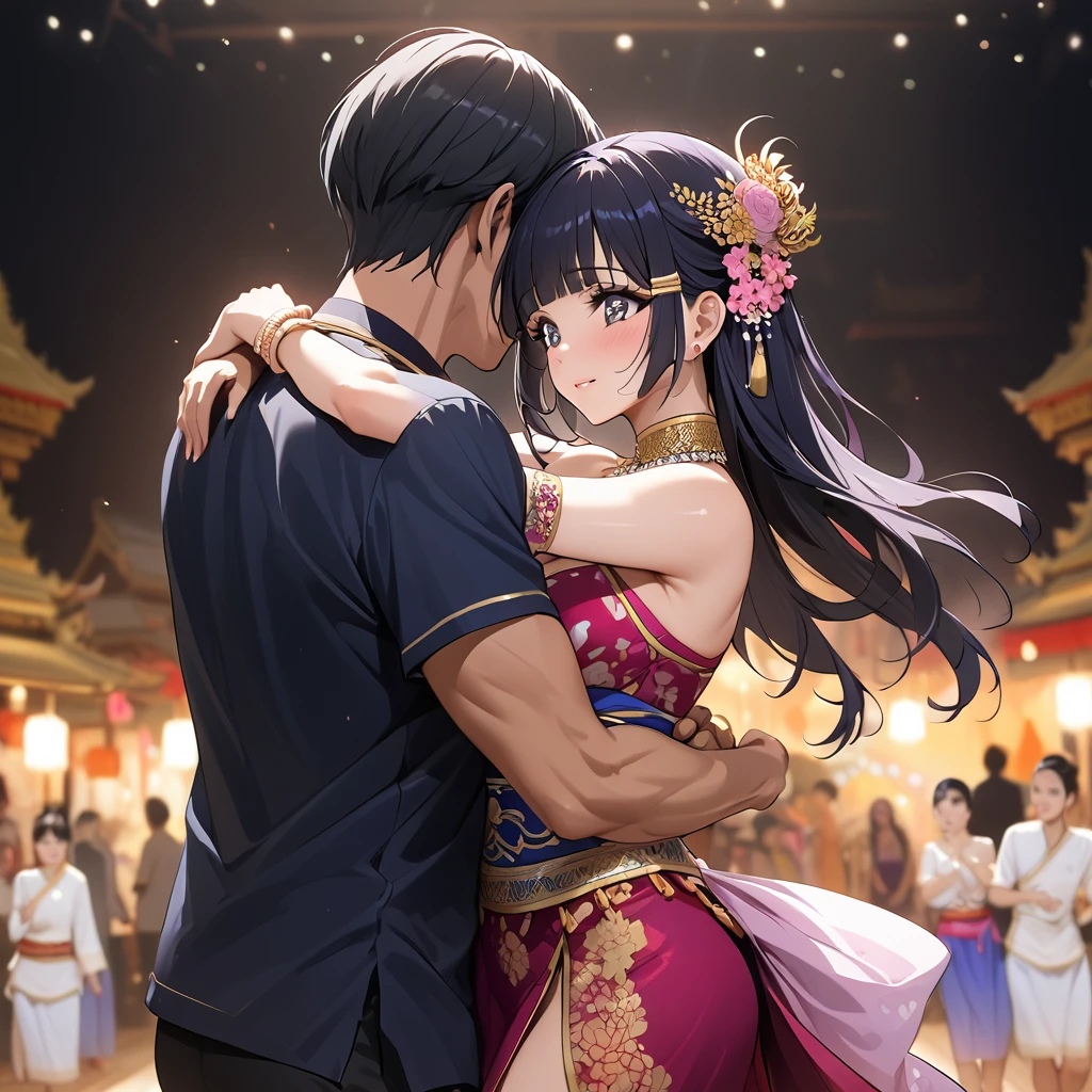 ((Highest quality)), ((masterpiece)), (detailed), （Perfect Face）、The woman is Reika Aoki, a dark-skinned Thai with semi-long hair.、A woman is wearing a Thai dance costume in Thailand and dancing the Thai dance Ram while being hugged by a man