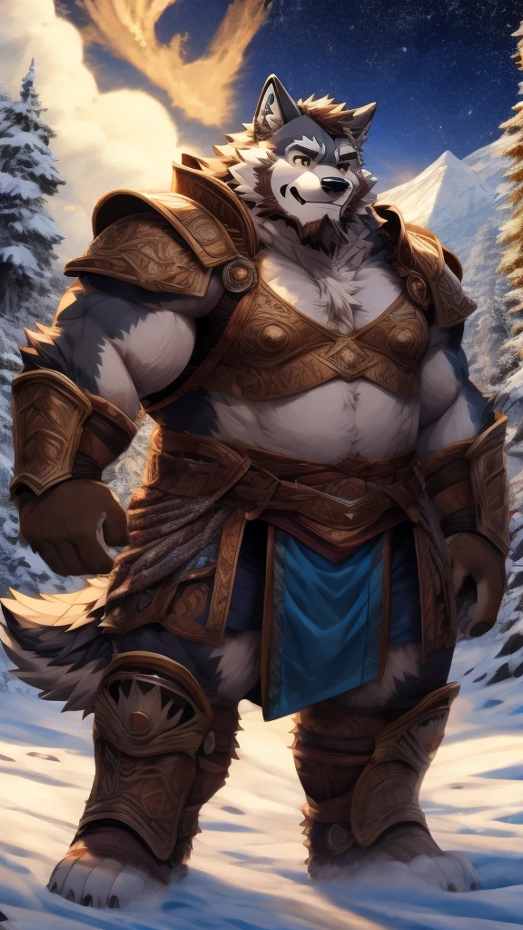 anime style, aid210, nj5furry, ((whole body)), ((gladiator armor)), standing, kick, ((plump middle-aged wolf man)), BREAK ((brown eyes)), one eye closed, beautiful beard, beautiful ears, (male face:1.3), (big face:0.5), square jawline, (Male Eyes:1.2), (sharp eyes:0.8), (big eyes:0.5), male eyebrows, (innocent look:0.5), (beautiful black nails down to the last detail:1.2), BREAK (complete Anatomy), (detailed face:1.3), beautiful face, (detailed body), (beautiful hands:1.2), (detailed fingers:1.2), (detailed eyes:1.1), (beautiful Eyes:1.1), arm details, Leg Details, beautiful feet, BREAK Muscular anthlo, body hair, ((hairy skin)), fluffy, (blood vessel:-0.8), (glowing Skin:-0.7), (chest hair:0.5), (1 tail), (a beautiful and detailed small tail), BREAK night sky, snow mountain, outdoor, ultra detailed, highest quality, ultra-high resolution, realistic, 16K, masterpiece, beautiful detailed, perfect solution, absurdists, (faint light),