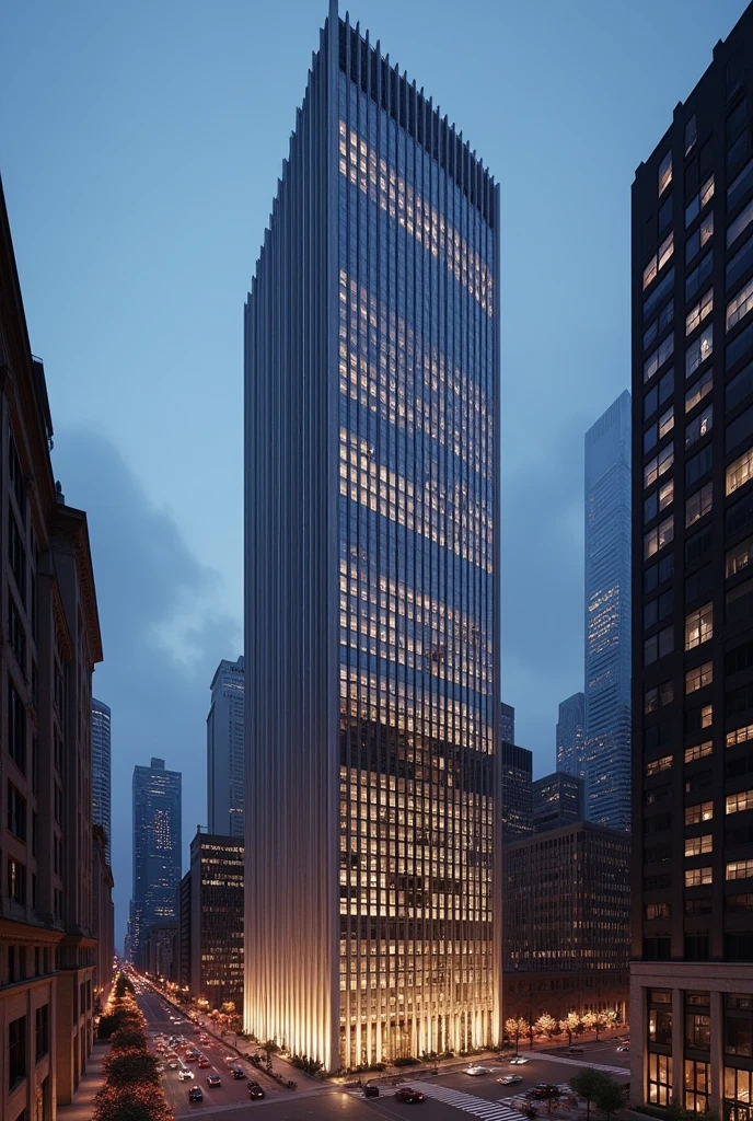 Make a 130 story skyscraper in NYC that is made out of stone and has huge windows that has long tiles that light up at night. 