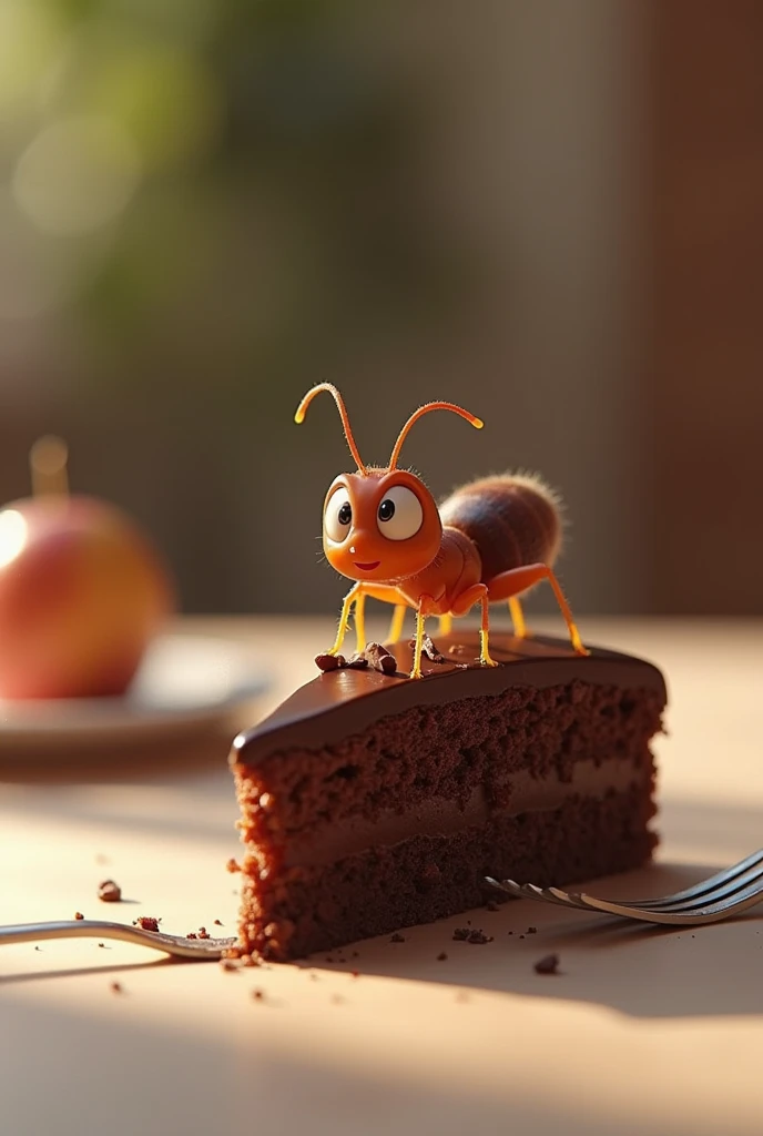 Create a picture of a cute little ant eating a delicious chocolate cake