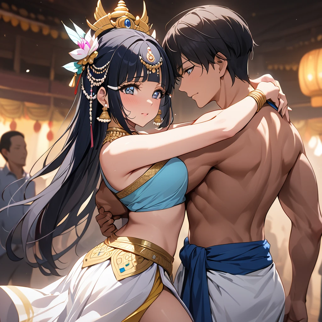 ((Highest quality)), ((masterpiece)), (detailed), (Perfect Face)、The woman is Reika Aoki, a dark-skinned Cambodian with semi-long hair.、A woman is wearing an Apsara dance costume in Cambodia and is dancing the Apsara dance while being hugged by a man.