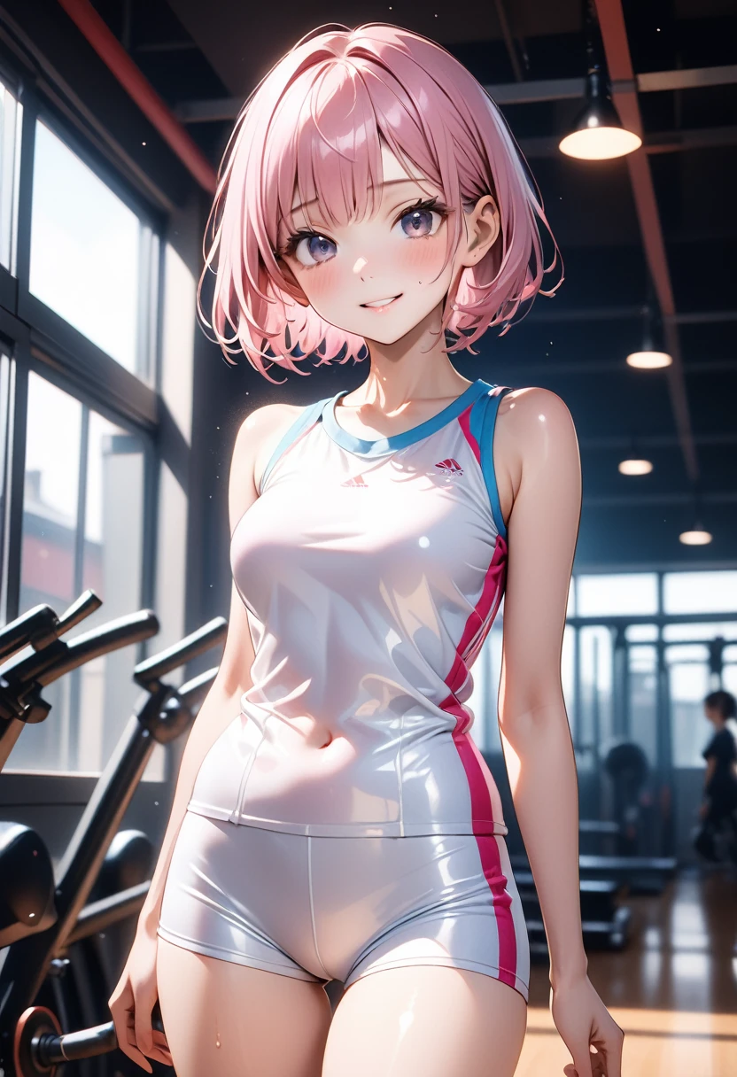 ((School gym clothes)), ((Shiny Costumes)), (skindentation), skinny, alone, solo, Masterpiece, highest quality, highest quality, 16K, incredibly absurd, highly detailed, 2.5D, ai-generated, delicate and dynamic, very delicate facial expressions, delicate eye depiction, erotic, only sexy woman, ((A cute and kind face)), healthy figure, ((1 woman)), 160cm tall, ((medium firm swaying bust)), medium breasts, (short hair), Straight Hair, (pink hair:1.5), bob cut, black eye, blush, Sweat,Embarrassed,sexy, ((thin thighs)), shiny and lustrous, facing straight at viewer, smile, ((standing)), ((arm at side)),