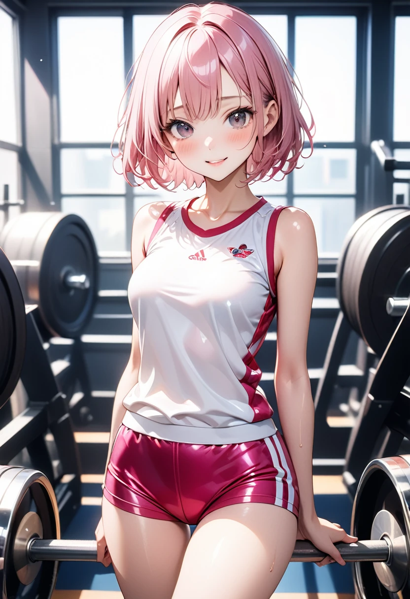 ((School gym clothes)), ((Shiny Costumes)), (skindentation), skinny, alone, solo, Masterpiece, highest quality, highest quality, 16K, incredibly absurd, highly detailed, 2.5D, ai-generated, delicate and dynamic, very delicate facial expressions, delicate eye depiction, erotic, only sexy woman, ((A cute and kind face)), healthy figure, ((1 woman)), 160cm tall, ((medium firm swaying bust)), medium breasts, (short hair), Straight Hair, (pink hair:1.5), bob cut, black eye, blush, Sweat,Embarrassed,sexy, ((thin thighs)), shiny and lustrous, facing straight at viewer,  smile, ((standing)), ((arm at side)),