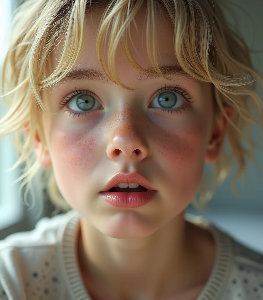 ((European blond girl) with freackes have korean wolf haircut), short hair, 8k, highly detailed, high quality, masterpiece, ultra detailed, vivid colors, HDR, studio lighting, physically-based rendering,Open Mouth, 