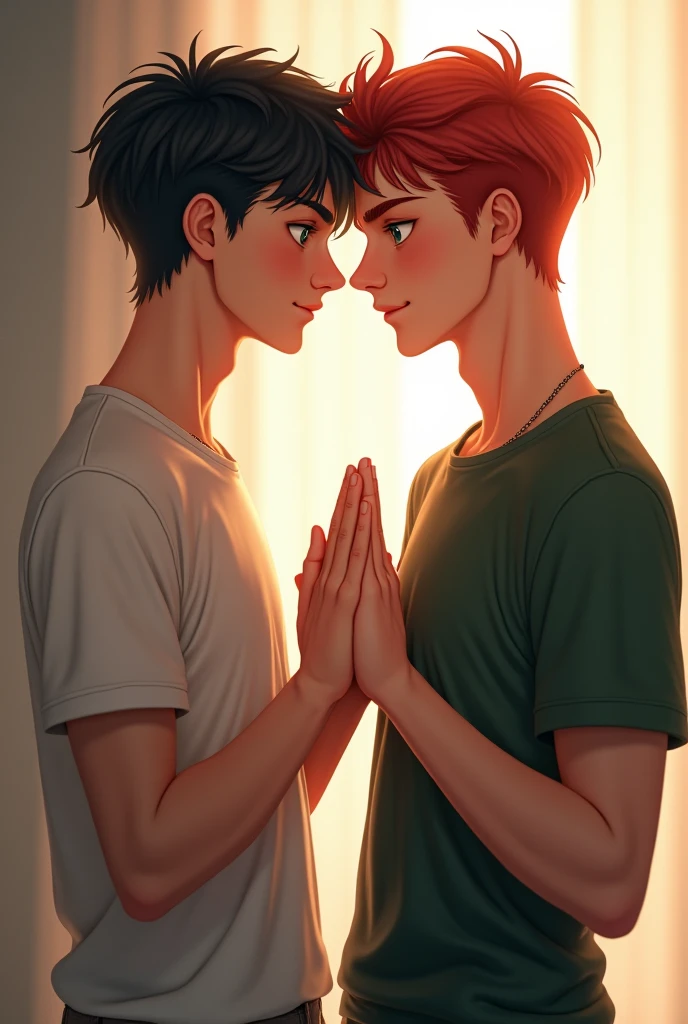 Two attractive boys. The firs one is white. With black hair and blue eyes. The second one is white, with red hair and green eyes. The boy with black hair is slightly smaller than the red haired one. I want they holding hands and looking at each other lovingly