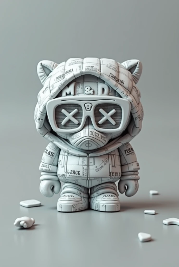 A unique toy character with a pixel art style. The character wears a hat with the text D&D displayed prominently on the front panel, in a stylish font. The character also has glasses, with one lens showing 'Xand the other X ensuring the text is legible. The character is dressed in modern streetwear, detailed with newspaper and magazine elements instead of regular patterns, and vibrant colors. The background is colorful, making the character look stylish and futuristic. The image should have a high-quality, C4D-style render of the character&#39;s side profile, 