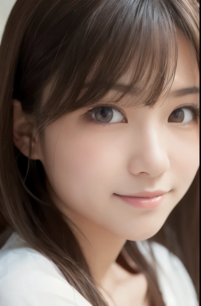 best quality, face focus, soft light, ultra high res, (photorealistic:1.4), RAW photo,(Shinozaki Ai), (fair skin), High school girl, 1 Japanese girl, solo, cute, smile, (pupil, lights in the eyes),  detailed beautiful face, busty,(high resolution detail of human skin texture),long hair,(portrait), upper body, Japanese white kimono