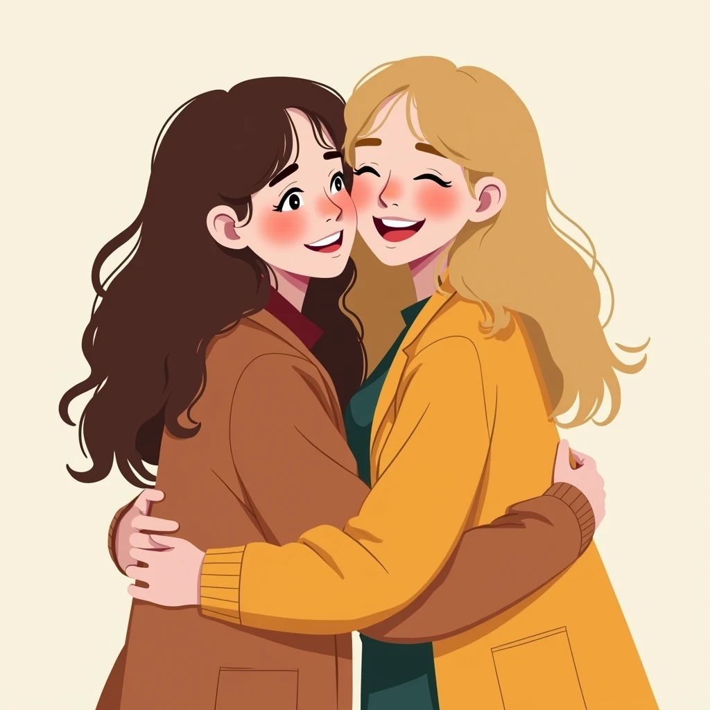 Blonde 20-years girl hugs her brown-hair friend, Png Image without background