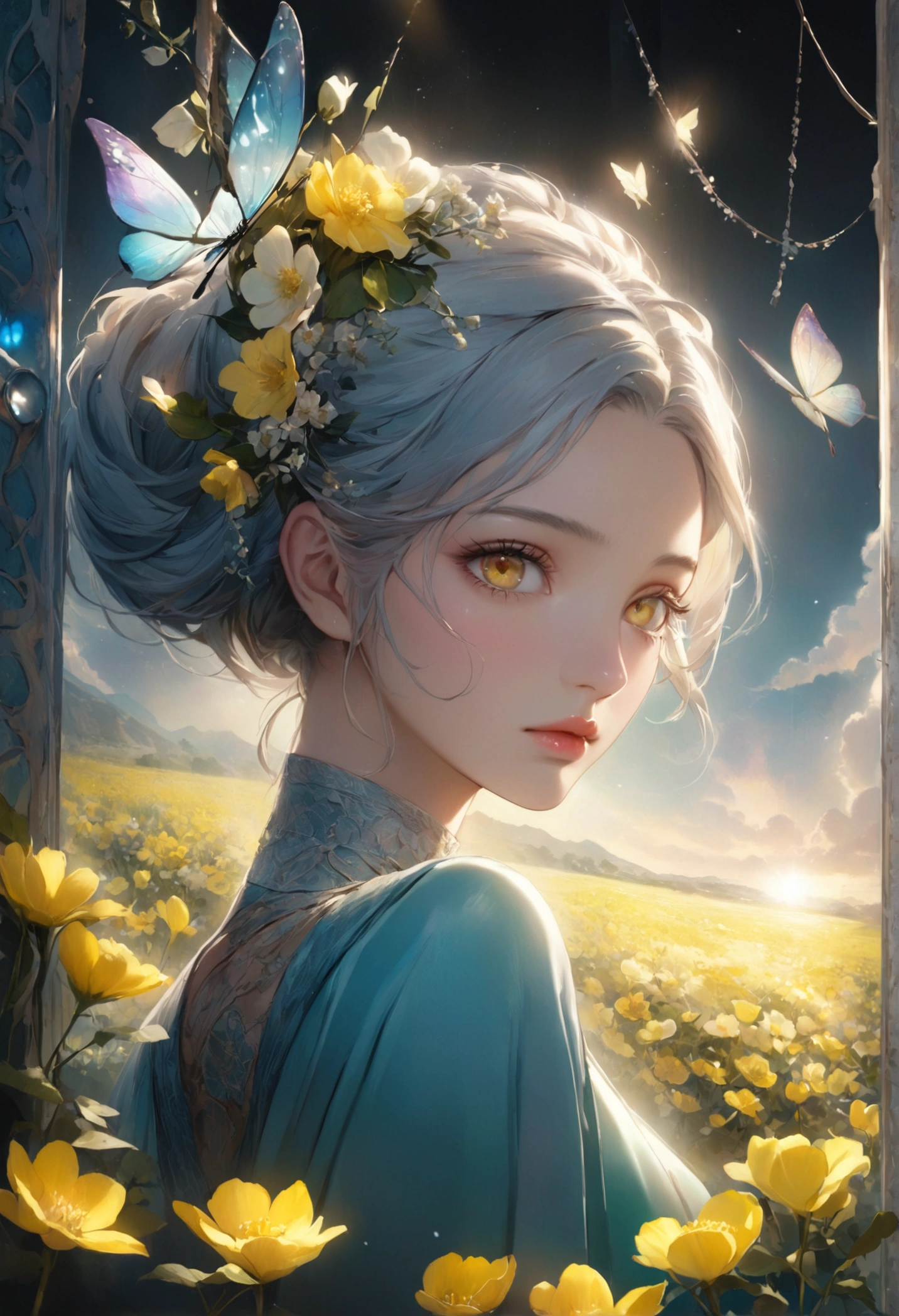 Rape flower landscape, bright canvas, The petals are fluttering, Transparent holographic reflection, A surreal landscape made of flower petals, Leaves viewers speechless, A beautiful world, 1 Uzbek woman, detailed eyes, Yellow eyes, detailed lips, very detailed face, long eyelashes, Beautiful and detailed portraits, elegant, tranquil expression, spring, high quality, 8k, realistic, surrealist, studio lighting, Physically Based Rendering, vivid colors, movie lights, dramatic lighting, soft lighting, dramatic contrast, clear, ethereal, dreamlike, mysterious, magical, fancy, concept art