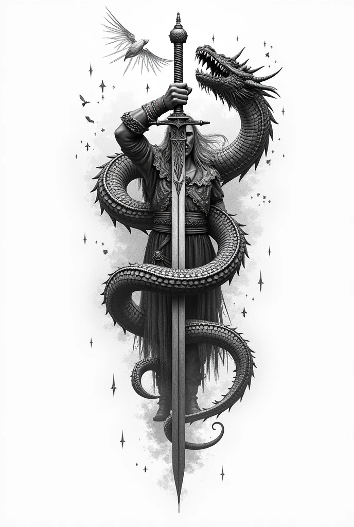 Create a Viking tattoo in black and white pointillism without so much shading and light tones that could represent a warrior in a determined stance, holding a sword that pierces a serpentine figure or stylized dragon, representing Fafnir. The dragon figure could be enveloping the warrior, showing the internal and external struggle that Sigurd faced. Instead of focusing on the violence of the battle, The tattoo could symbolize Sigurd's transformation through elements such as wings, leaves or runes emerging from the dragon or the warrior himself, indicating the new knowledge and power he acquired.