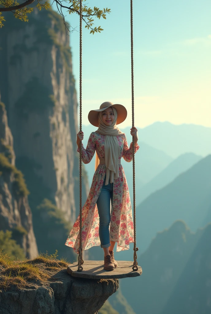 A asian woman with long hijab flowing wearing long floral dress jeans calm, wearing large hat, playing on a swing on the edge of a scary cliff, face Smilling looking at the camera