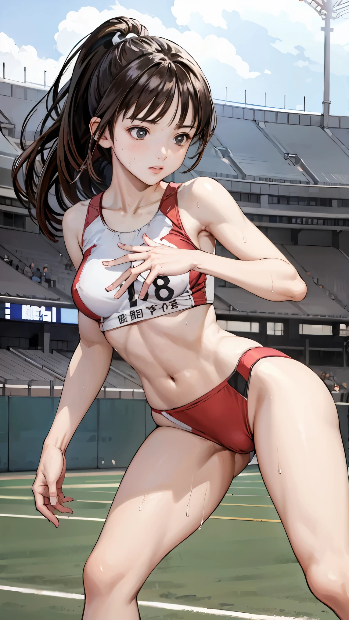  (Three Girls)、(Athletics Stadium、truck),、Serious face、The men are laughing、、Long Hair、They hesitate,、Wet Hair,  Underarm, Mid-chest, Realistic butt crack , (High color saturation:1.0),  (Very detailed肌), (Highest quality:1.0), (Ultra-high resolution:1.0) ,(Realistic:1.0), (Very detailed:1.0), (8k, RAW Photos:1.1)、Center of chest、Spread your legs、Yoshizuki Iori、Running、(White Athletics Uniform)、(Front view)