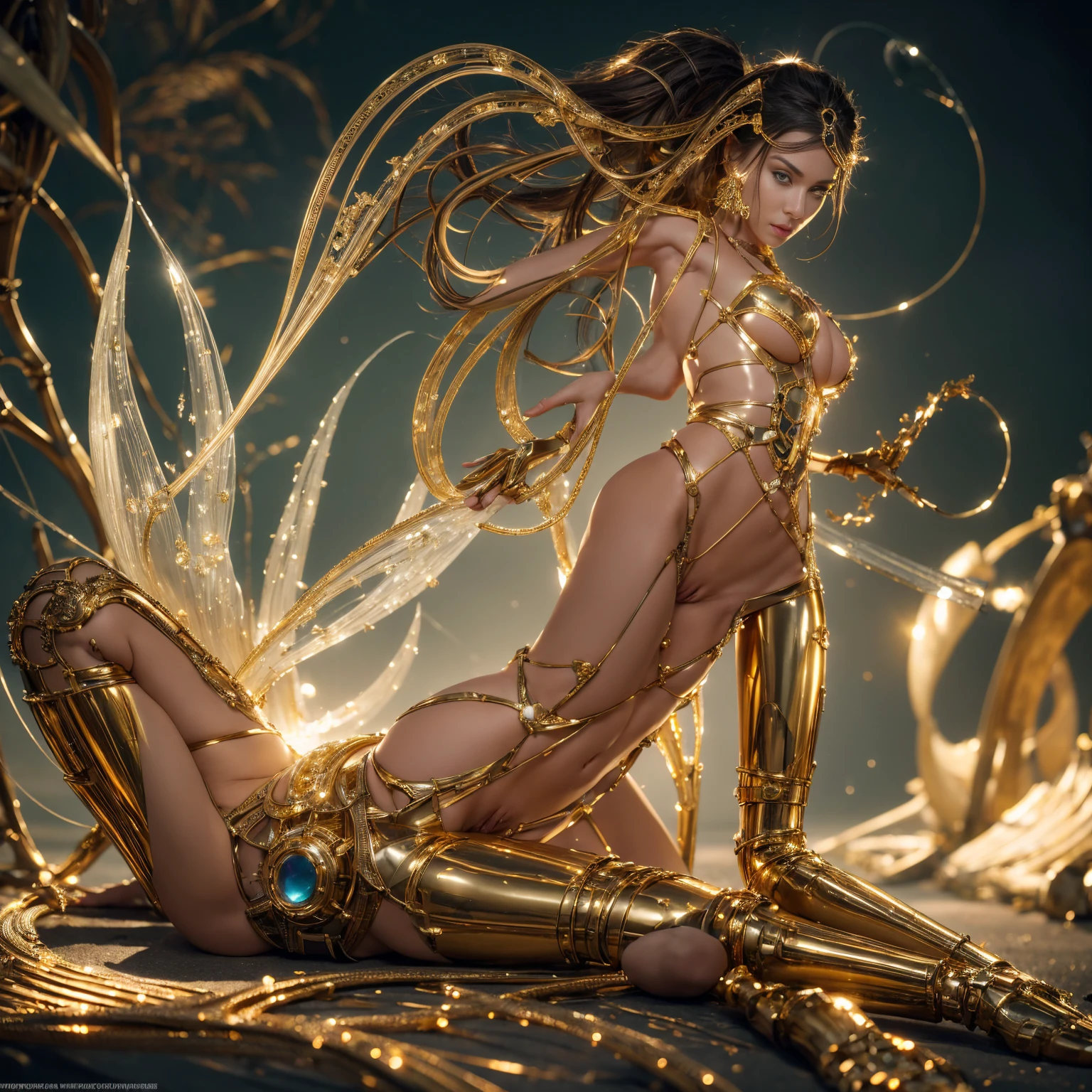 Photo realistic imagery ((a complex 3 nude girls standing with a complex nude machine, Nude Goddess Diana, full body, golden heels in feet, nude body, perfect breasts, thin waist, round hips, Epic composition, golden Lights, photo, photography, transparent skin made of clear glass and crystal)), glowing transparent Nude body, embedded, ((golden mechanical gear parts in the body)) , inspired by Automata's elaborate design and luxurious Art Deco aesthetic, (dynamic pose), fractal art, (shiny skin), iridescent body, many lights in the body, electronic lights, (hands on their own Breasts), feet raised, ((transparent head)), transparent body, brilliant_eyes, camera: macro, lens: medium shot, using soft studio lighting (soft light: 1.8), futuristic background, mirror Reflection imagery and ultra-detailed 8K resolution rendering to capture fine details and reflective surfaces of clear glass, crystal and metal, 1 mechanical woman, ((ultra realistic details)), 8k, ultra sharp, intricate, portrait, illumination, metal, shadows, octane render, ornaments detailed, cold colors, egypician detail, highly intricate details, realistic light, trending on cg society, glowing eyes, facing camera, neon details, mechanical limbs, blood vessels connected to tubes, mechanical vertebra attaching to back, mechanical cervical attaching to neck, sitting, wires and cables connecting to head, low poly, isometric art, 3d art, high detail, artstation, concept art, behance, ray tracing, smooth, sharp focus, ethereal lighting.