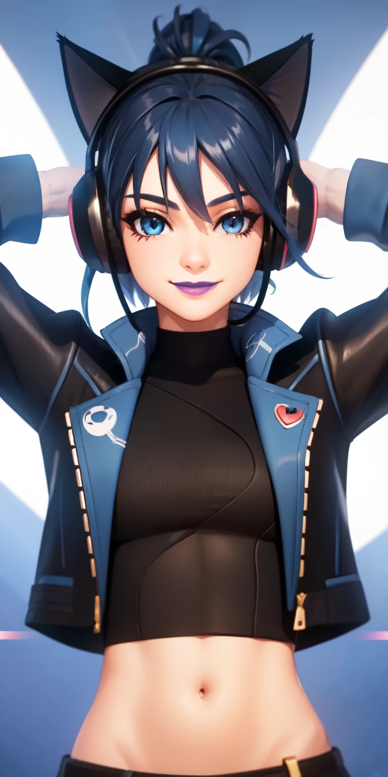 1girl,blue hair, ponytail, short hair, blue eyes, eyeshadow, upper body, arms down, heart,(speed lines:1.1),medium breasts, heart, black jacket, jacket crop top, navel, cat ears headphones, black crop top, purple lips, smile