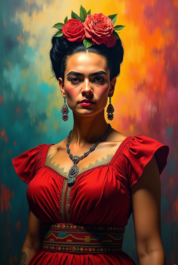 Frida Kahlo as an activist, revolutionary and fighter for women's rights. Use bright and striking colors.