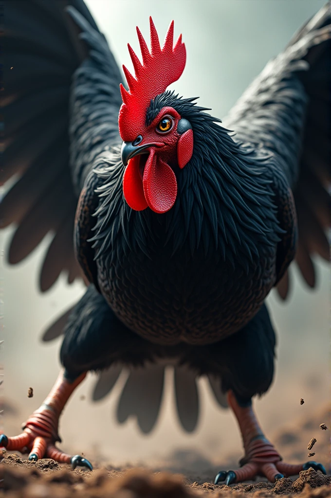 An image that describes a fighting cock with jet black feathers, intense eyes and sharp beak, lunges forward in a ferocious attack. His muscles are tense and his wings are spread out., creating a sense of movement and power.