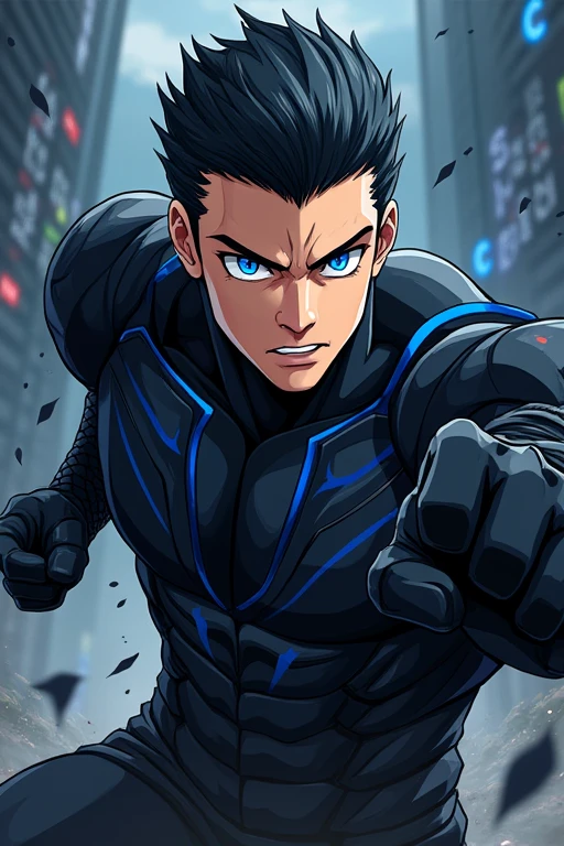Eyes with black sclera and blue iris, Cao Cao, hair with a black low pompadour, with a black superhero uniform with blue line details, with black gauntlets on both hands and in a fighting pose, アニメ, masculine man
