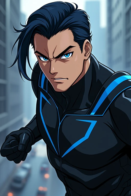 Eyes with black sclera and blue iris, Cao Cao, hair with a black low pompadour, with a black superhero uniform with blue line details, with black gauntlets on both hands and in a fighting pose, アニメ, masculine man
