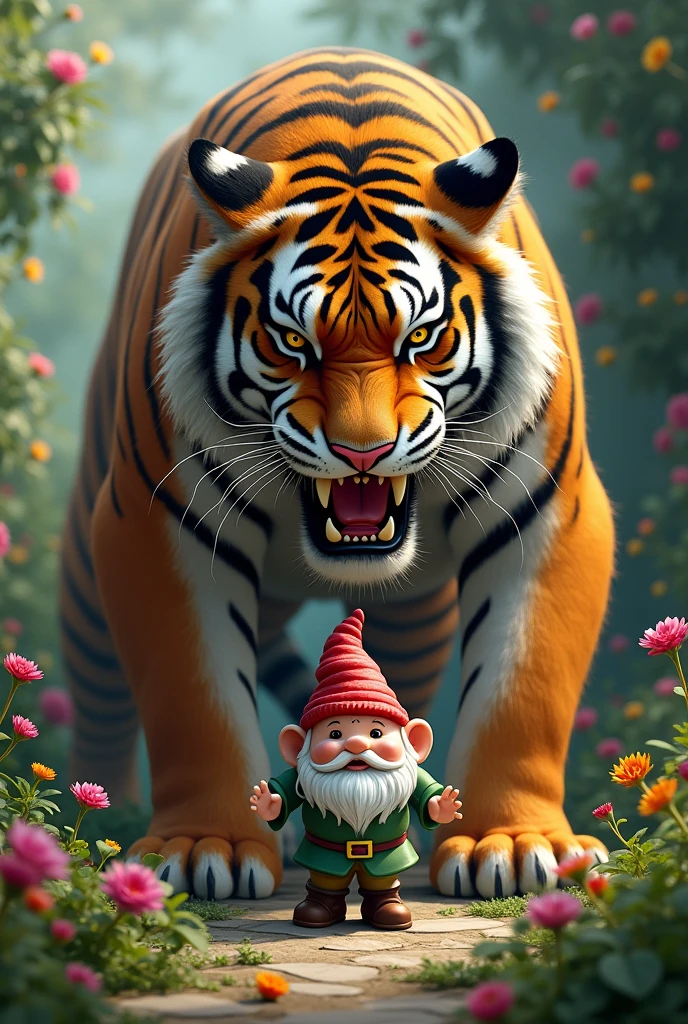 A tiger shitting on a gnome