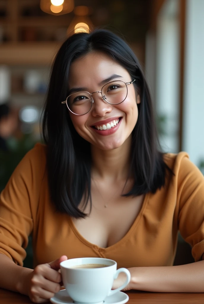 A woman of Brazilian origin, Medium height, White-colored skin, her full mouth in pink tone, your face is rounded, your nose is small but the tip is a little scared, with big black eyes, has straight, thin black hair that is shoulder length, wears glasses with a silver upper frame that supports the clear lenses, your body follows a slimmer line with curves. She is at a coffee shop., sitting at a table with a white cup of coffee. The angle of the photo highlights her smile, squinting her eyes, and a blurred background with a typical coffee shop setting.
