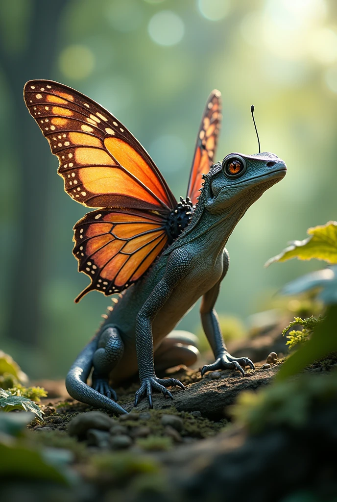 (photorealism:1.2), lizard and a butterfly merge into 1 good looking being