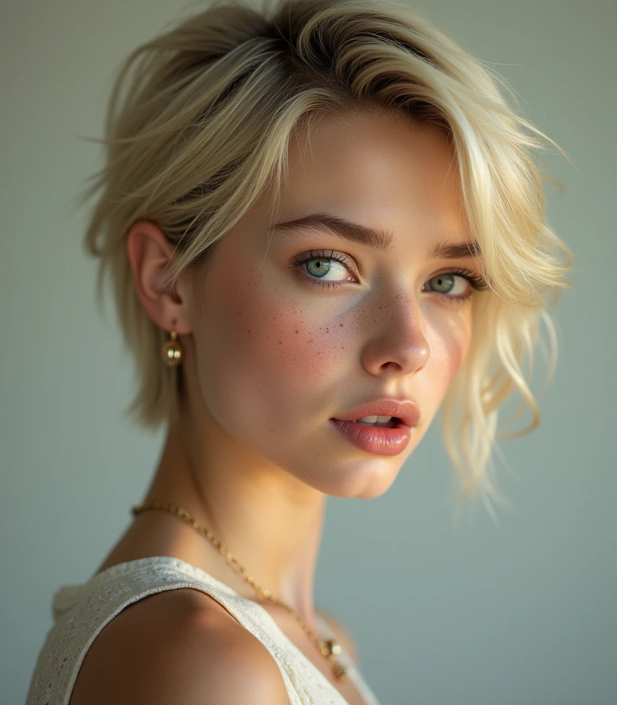 ((European blond girl, 20 years old) with freackes have korean wolf haircut), short hair, 8k, highly detailed, high quality, masterpiece, ultra detailed, vivid colors, HDR, studio lighting, physically-based rendering,Open Mouth, 