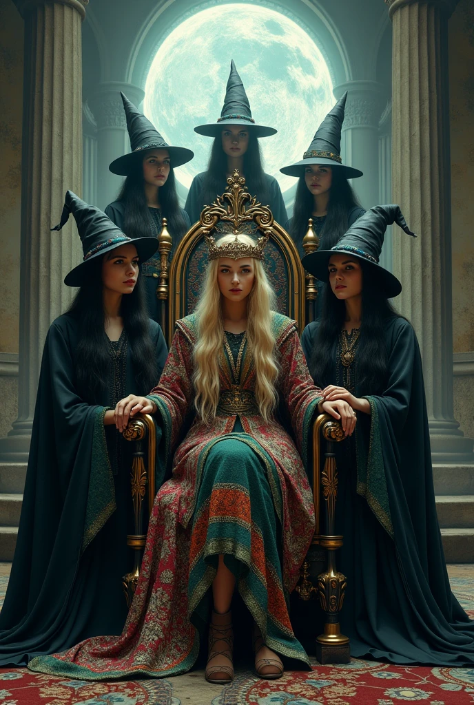 5 women dressed as witches, only the second woman is blonde, with a long tunic of different colors, with a setro in her hand, with her crown on her head, perched on a beautiful throne, behind her she has a portal open to another dimension.