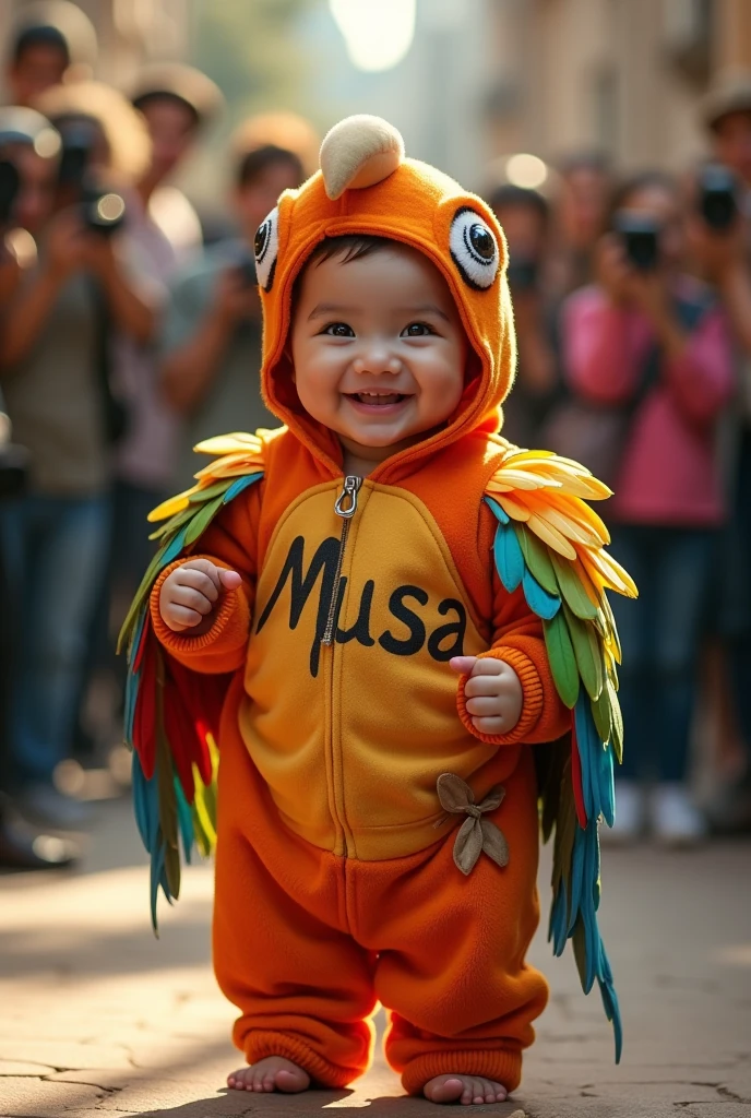 Healthy , modelling for a fashion show , wearing parrot outfit with the Name Musa on it  , studio lighting, people capturing photo in the background, realistic, intricate details, warm colors