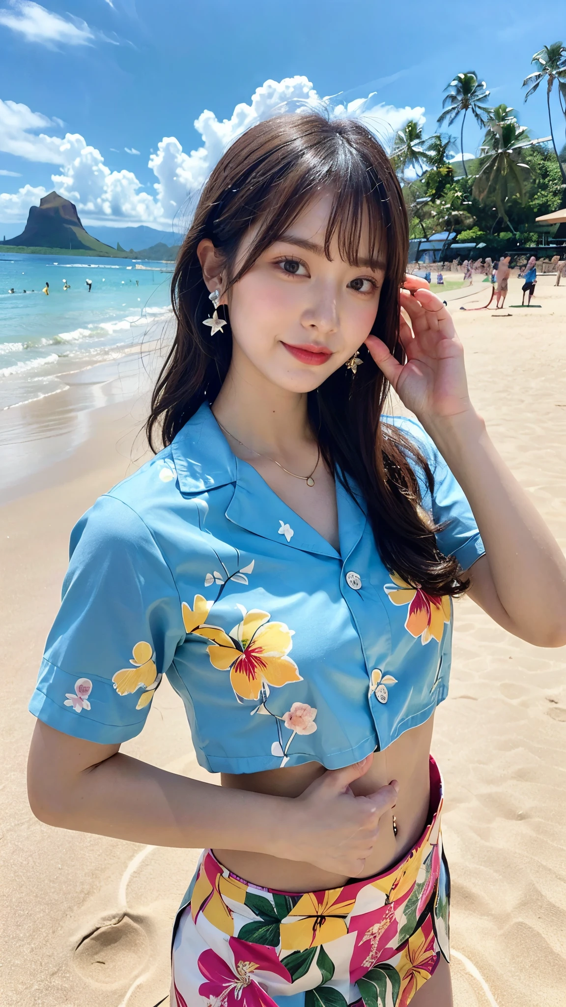Highest qualityのリアル, Official Art, Highly detailed CG Unity 8k wallpaper,(masterpiece:1.3), (8k, Realistic, RAW Photos, Highest quality: 1.4), (1 girl), Pretty face, (Realistic Face), (Black Hair, Medium Hair:1.3), Beautiful hairstyle, Realistic eyes, fine grain, (Realistic Skin), Beautiful Skin, (On the chest), absurdists, charm, Ultra-high definition resolution, Ultra-Realistic Golden Ratio, Very detailed, Upper Body, Japanese Idols,(Aloha shirt and floral mini skirt:1.3),BREAK,Sounds good（Lol）,(Heart Necklace),(Triangle earrings for a luxury hotel),BREAK, (A gentle lol face like a goddess),(Standing on the white sand of Waikiki Beach with Diamond Head in the background:1.2),Standing position, The hem of her aloha shirt flutters in the wind、Perfect Fingers、Five fingers