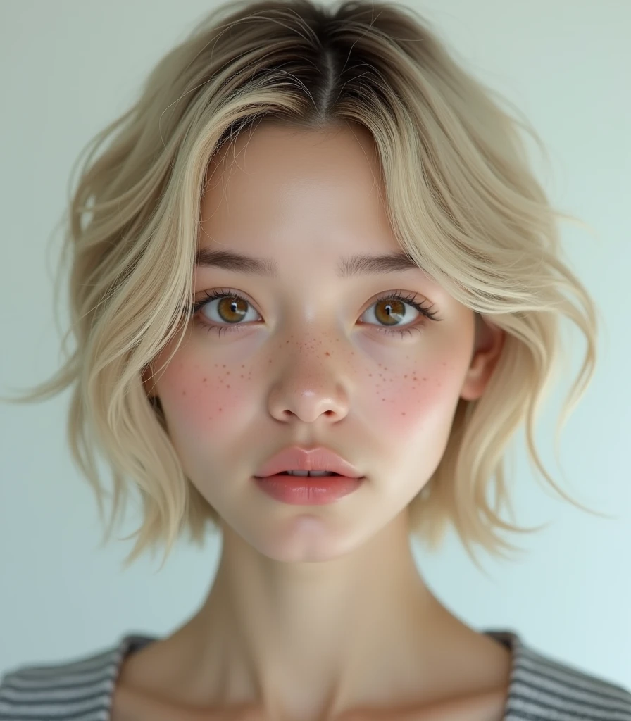 European blond girl with freackes have korean wolf haircut, short hair, 8k, highly detailed, high quality, masterpiece, ultra detailed, vivid colors, HDR, studio lighting, physically-based rendering,Open Mouth,