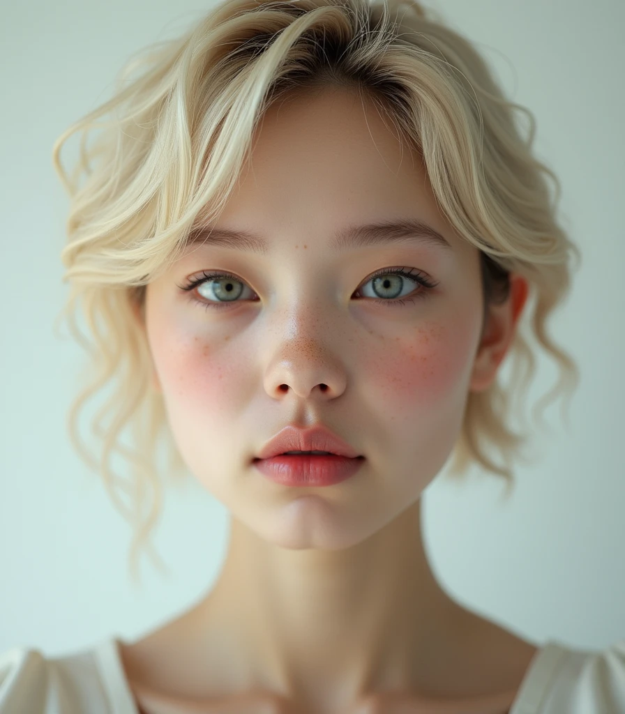 European blond girl with freackes have korean wolf haircut, short hair, 8k, highly detailed, high quality, masterpiece, ultra detailed, vivid colors, HDR, studio lighting, physically-based rendering,Open Mouth,