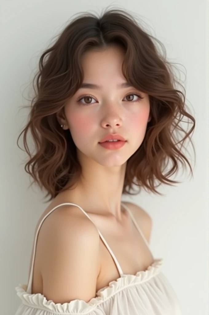 Girl with brown eyes and curly brown hair but not too much and white 