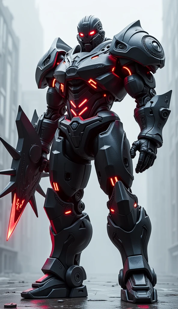 Generate a 4K, ultra-realistic image of a massive, armored warrior from Nova Aeterna, fully visible from head to toe. This warrior's armor is dark, almost black, with red energy lines pulsing through it, and the design is bulky, emphasizing raw power. He carries a large energy shield on one arm and a massive, spiked mace in the other. The light gray background ensures that the dark armor and the warrior's powerful stance dominate the scene, creating a dramatic and imposing figure.
