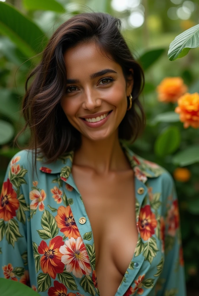 A Brazilian woman in a lush tropical garden, wearing an open shirt with a floral print, with a close-up capturing the harmonious beauty between her breasts and the natural flowers, showing off your natural charm and outgoing personality.